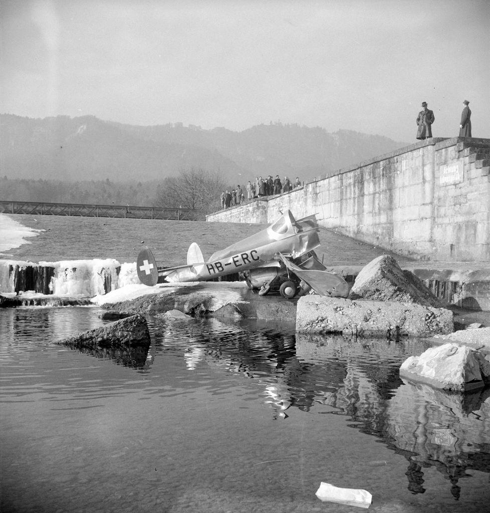 Sports airplane crash into the river Sihl, Allmend Zurich 1950.