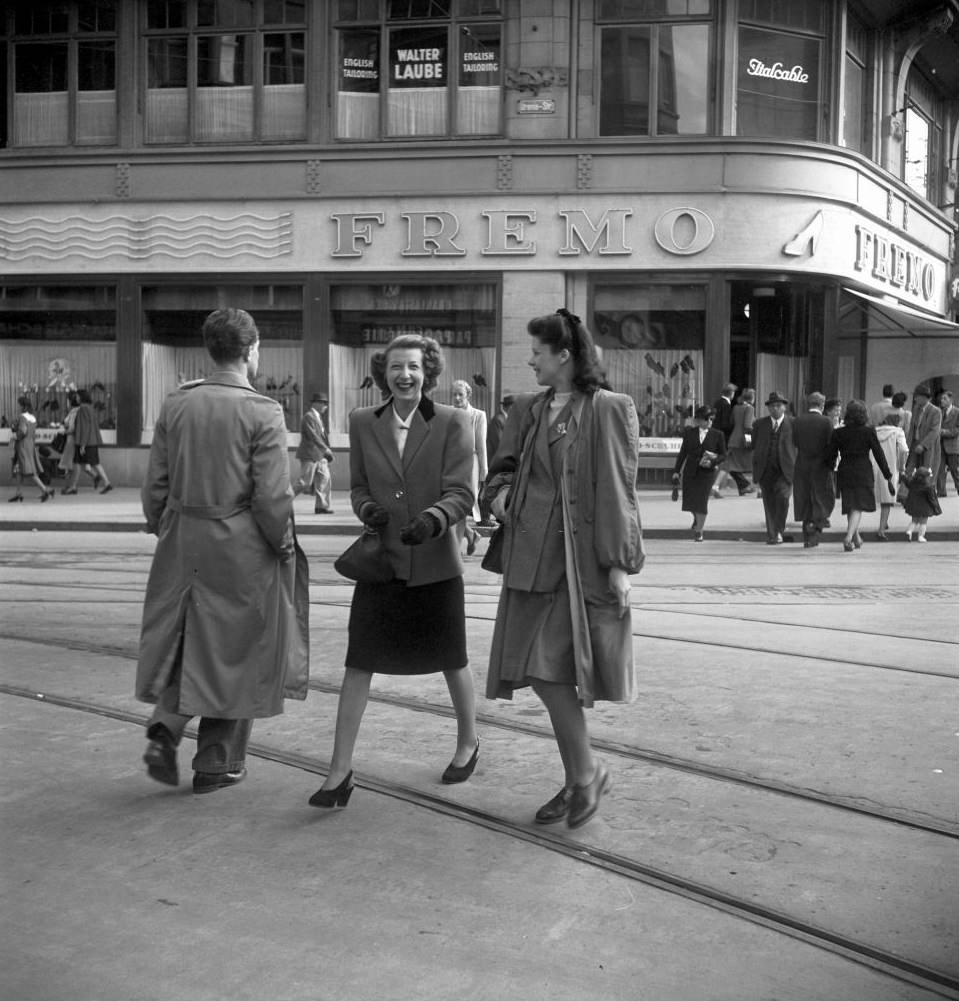 Women walking on a street in Zurich, 1950.