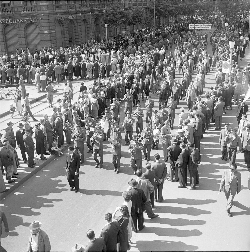 Shawm orchestra at May Day demonstration in Zurich, 1952.