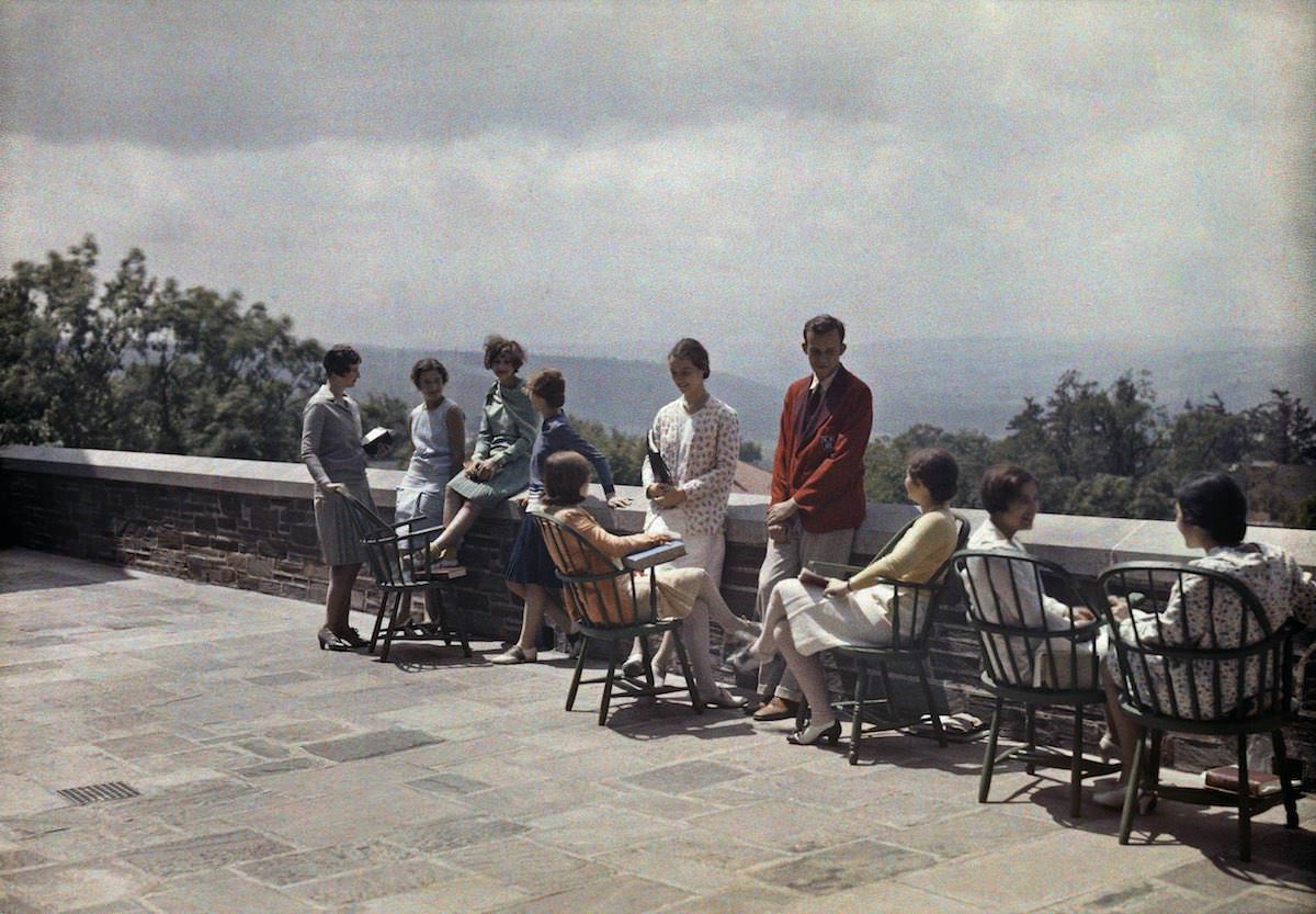 A group of students on the terrace at Cornell University.