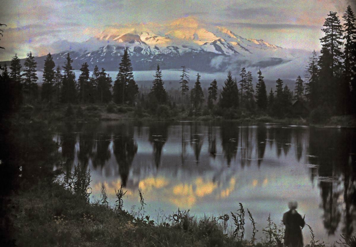 Mount Shasta in California and a woman at the edge of a pond.