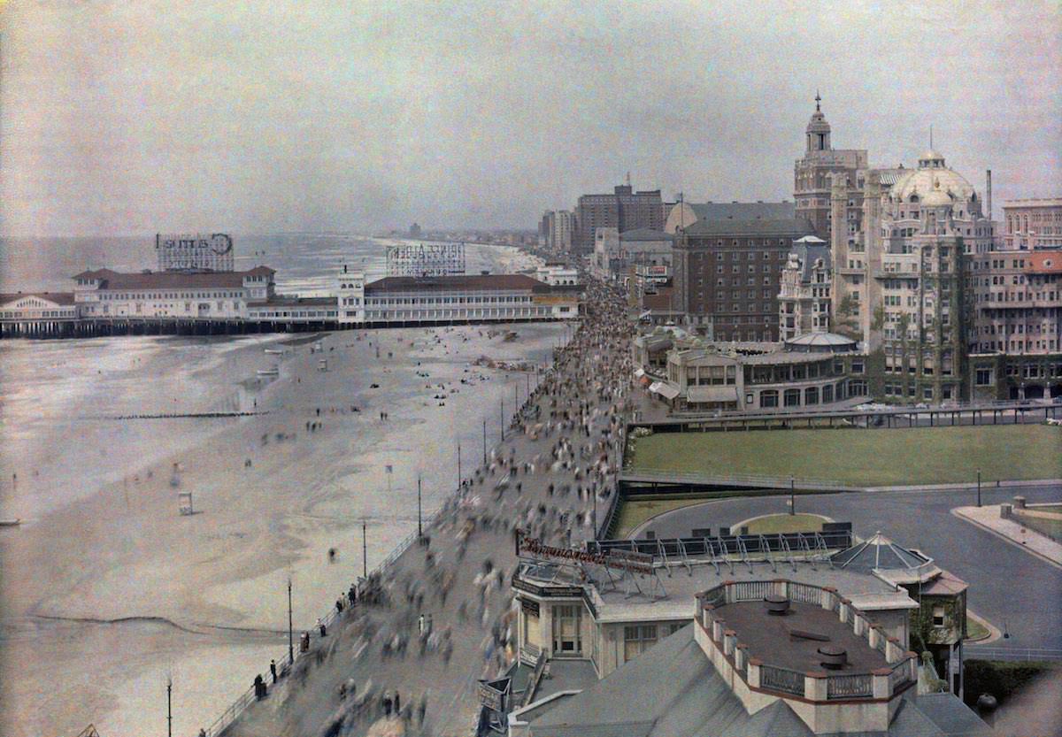 Panoramic views of beaches, marinas, and hotels along the waterfront. Atlantic City, New Jersey, 1920s.