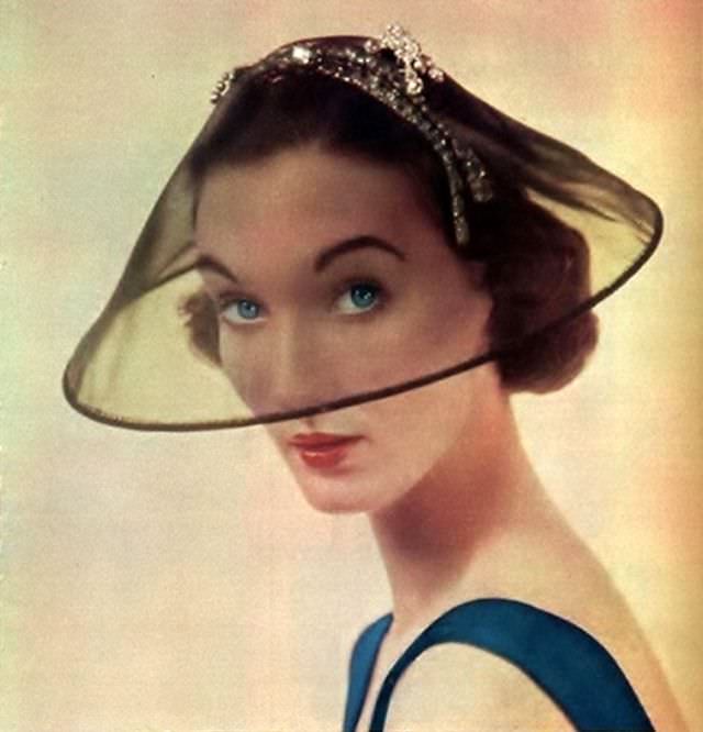 Evelyn Tripp wearing a rather unique Lilly Daché hat, circa 1950s