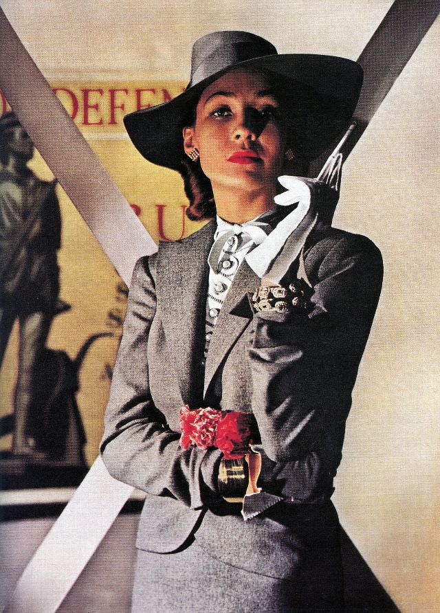 Betty Bond in hat by Lilly Daché and jewelry by Schlumberger, Harper's Bazaar, March 1942