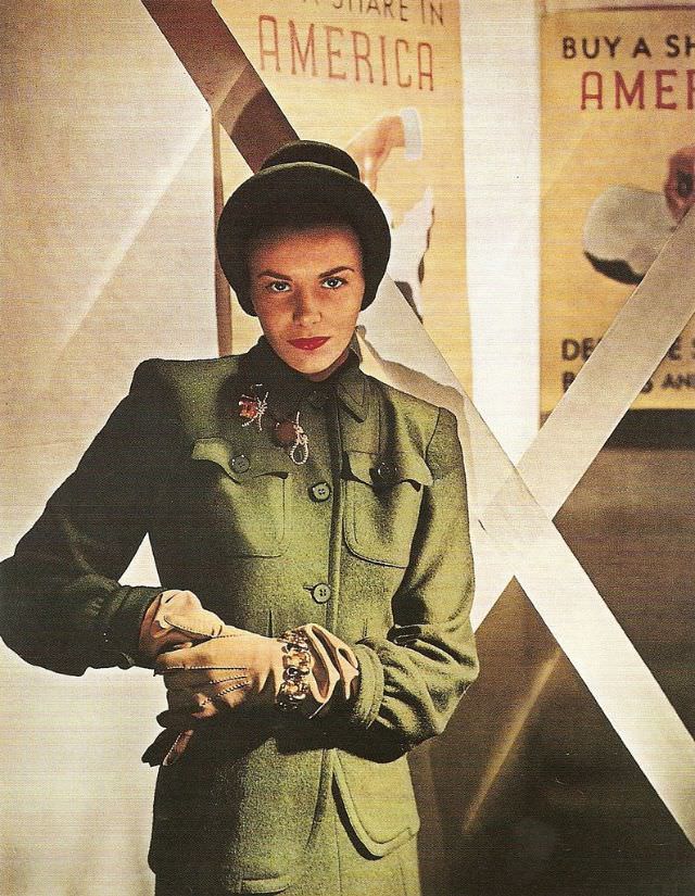 Vera Maxwell in her own design with hat and jewelry by Verdura, Harper's Bazaar, March 1942