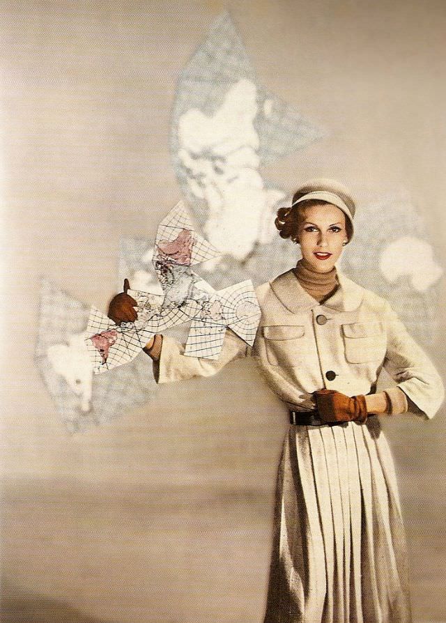 Mary Jane Russell in dress by Harry Frechtel and hat by Lilly Daché, Harper's Bazaar, January 1958