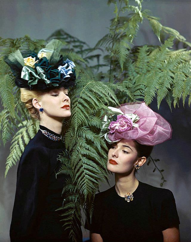 Floral hats from Reine (L) and Lilly Daché (R), Vogue, 1945