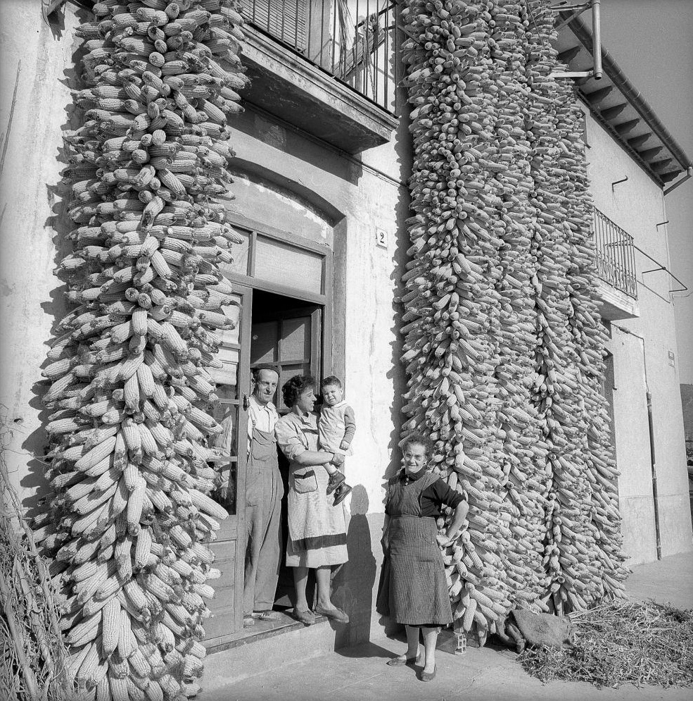 Family with corn crop at house door, Barcelona 1961