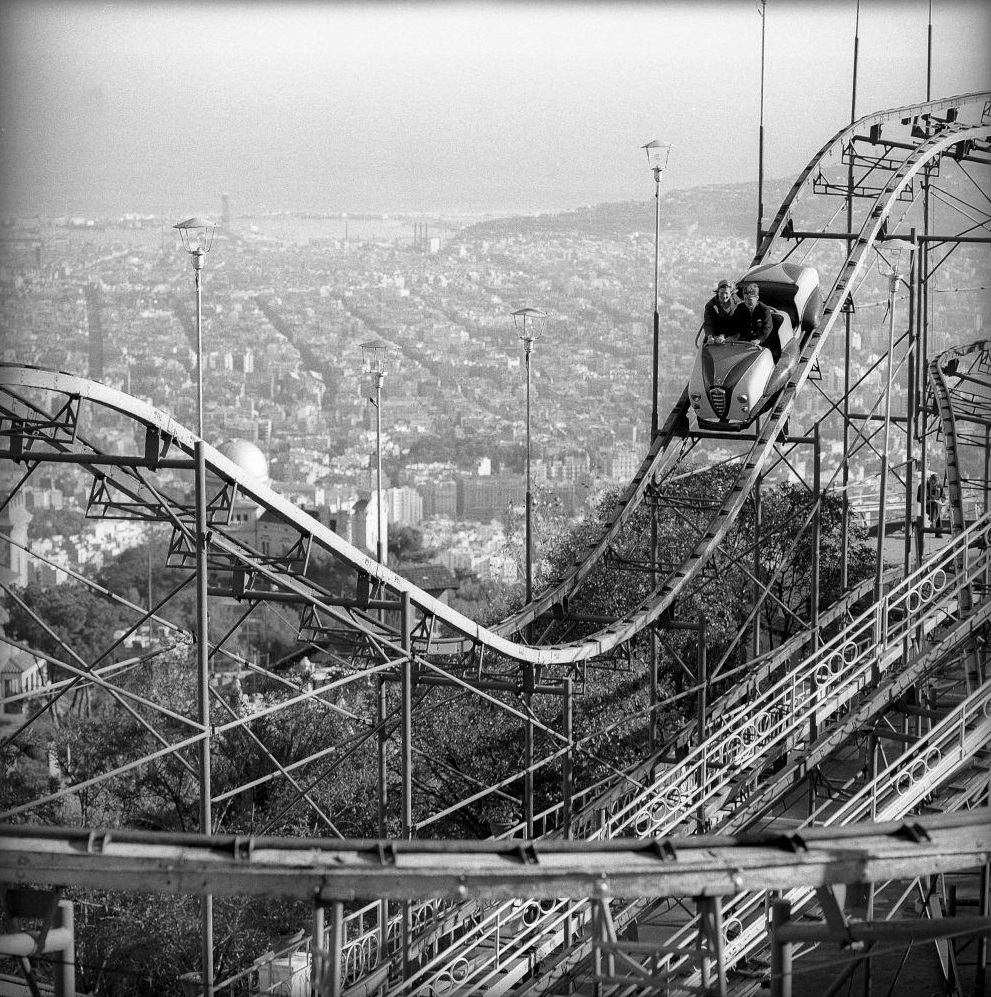 Uphill train at Tibidabo amusement park, Barcelona 1961