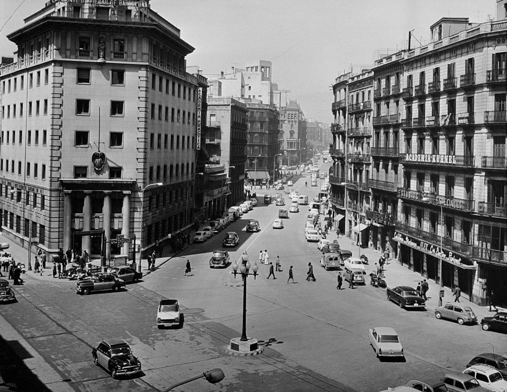 A street view in Barcelona, Spain. Circa 1960.