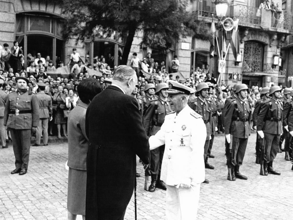 General Franco cheered by the crowd, circa 1960 in Barcelona, Spain.