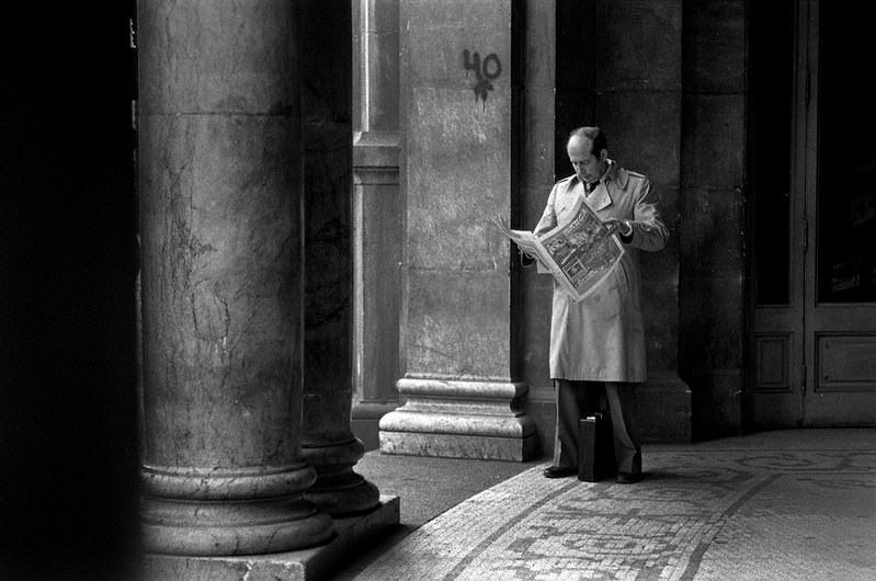 Man reading the newspaper Marca. Barcelona, 1979.