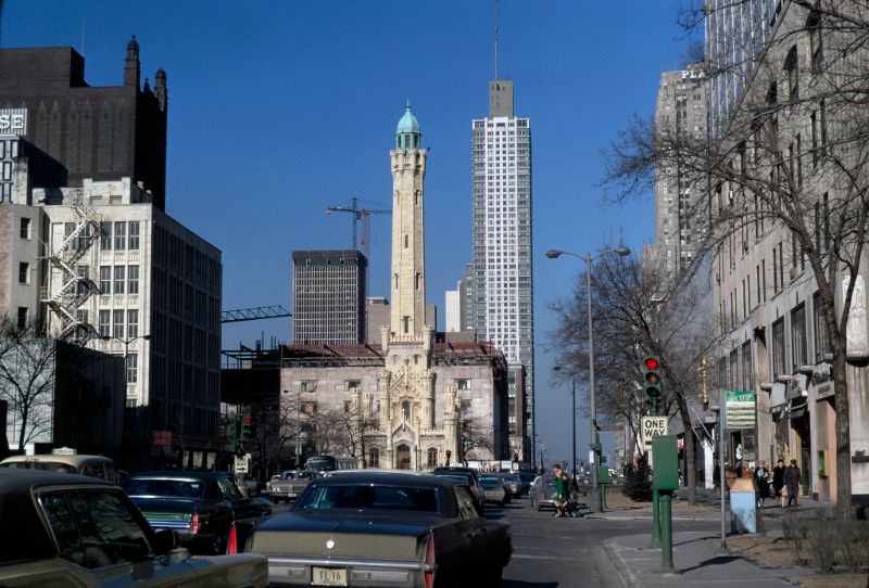 View looking north along North Michigan Avenue from just south of the intersection with East Superior Street, 1970