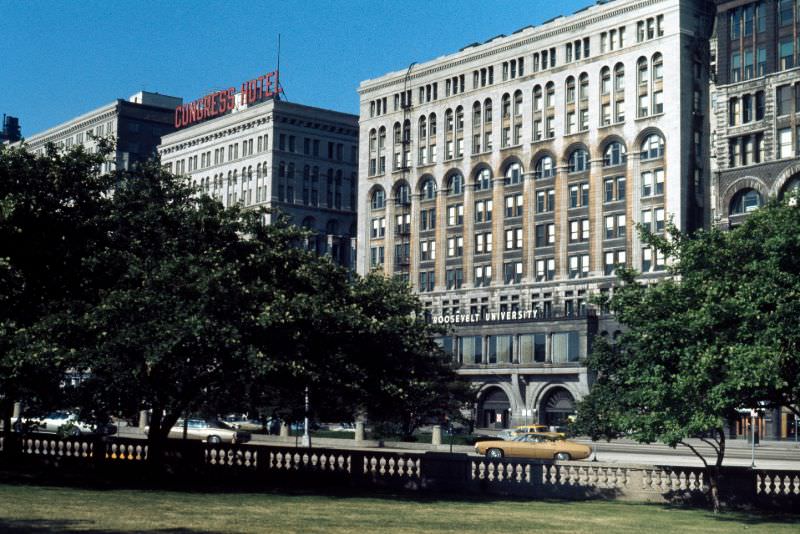 Auditorium building and Congress Hotel along Michigan Avenue, 1972