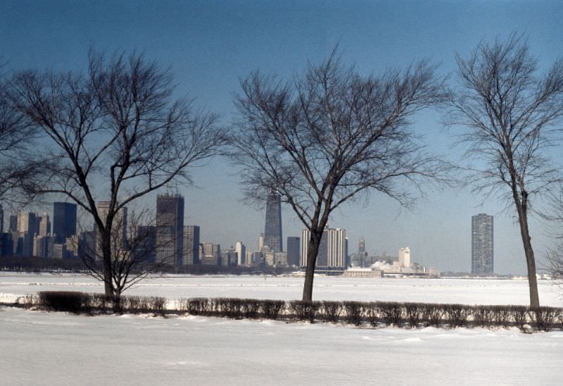 Chicago skyline in winter, looking northwest from near the Adler Planetarium, 1972