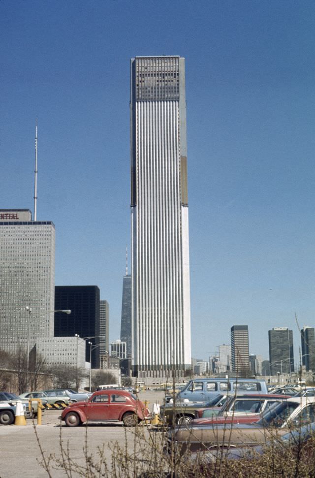 Standard Oil Building (now Aon Center) under construction, 1973
