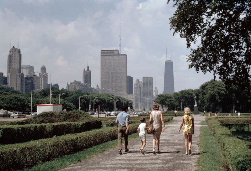 Pedestrians walking in Grant Park with the Loop skyline in the distance, 1970