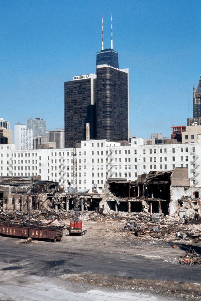 Warehouse demolition, North Pier Terminal, and McClurg Court Center apartments, 1973