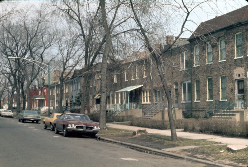 South Champlain Avenue, a residential street in Pullman lined with brick duplex row houses, 1974