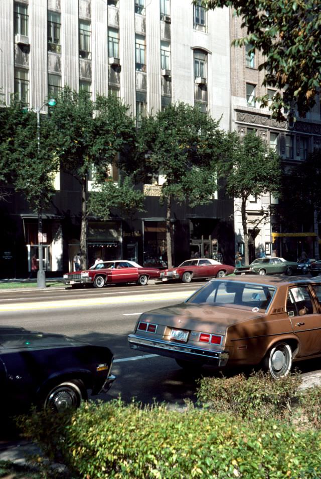 North Michigan Avenue towards the high-rise buildings located on the west side of the street south of the intersection with East Superior Street, 1976