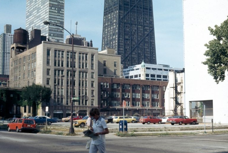 View northeast from the intersection of North Wabash Avenue and East Huron Streets, 1976