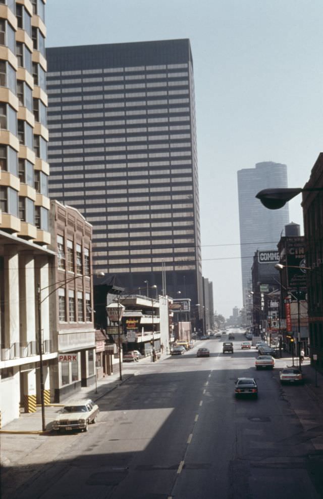 Looking east along Grand Avenue from Michigan Avenue toward the high-rise Time-Life Building (541 North Fairbanks Court), 1971