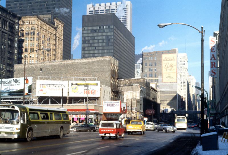 View looking northwest from the intersection of South State Street and Congress Parkway, 1978