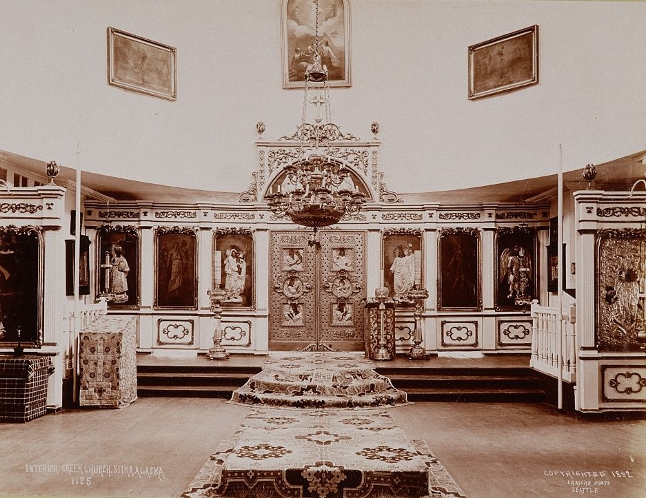 The interior of St. Michael's Cathedral, a Russian Orthodox church in Sitka, Alaska. 1892