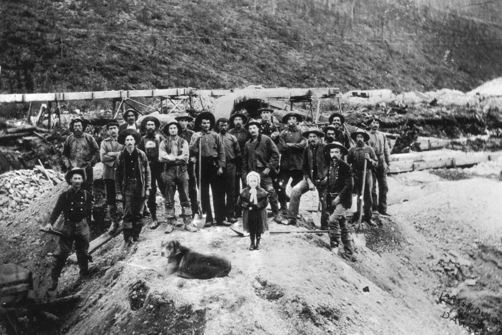 Gold miners working on W.M. Cowley's claim, 22 Above, Bonanza, Klondike. Alaska, 1897.
