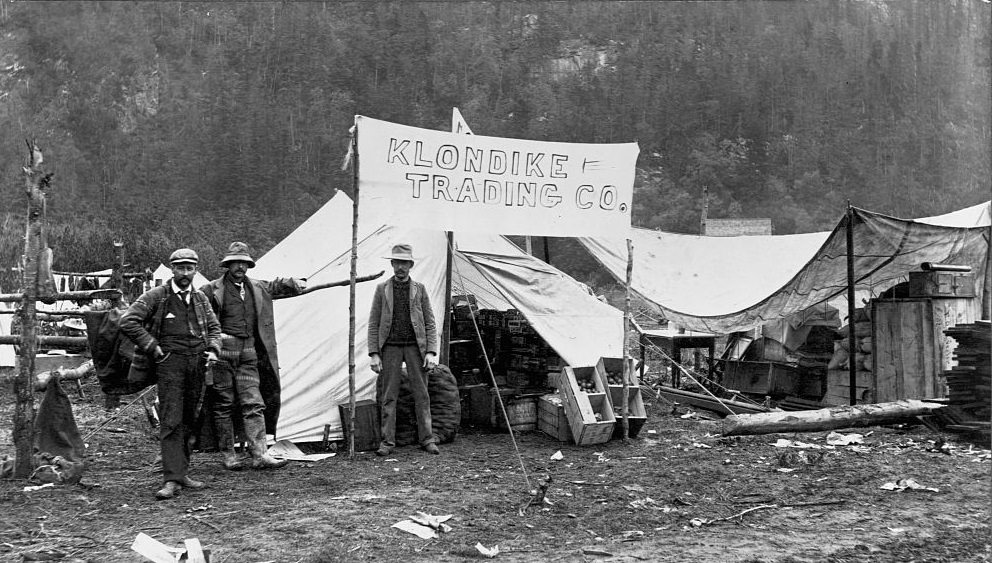 The Klondike Trading Company, a general store in a tent, during the Klondike Gold Rush. Alaska, 1897.