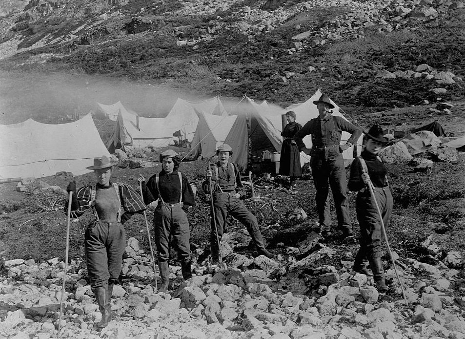 A group of actresses bound for the Klondike gold fields take a break at Happy Camp, Alaska, 1897.