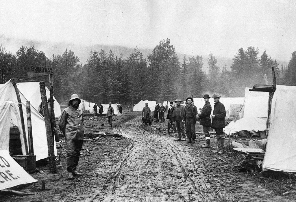 A row of tents marks the beginnings of Skagway, a boom town in the 'panhandle' part of Alaska, which sprang up following the gold rush in the Klondike, 1880s.