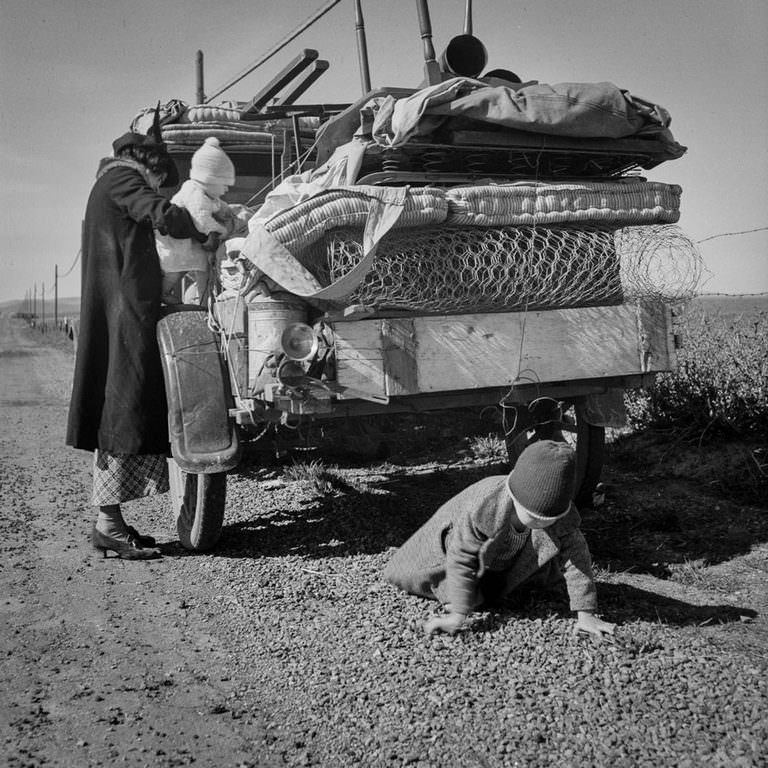 A Missouri family of five fleeing drought on Highway 99 in California. 1937.