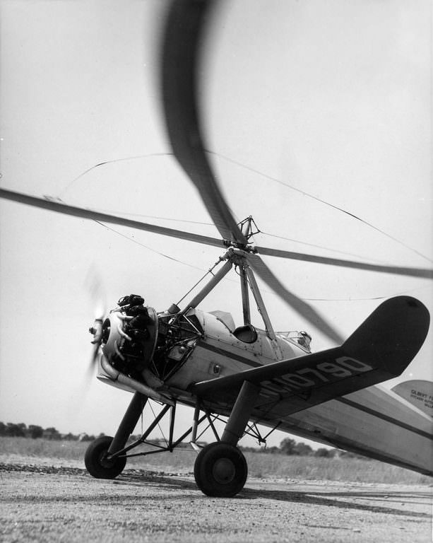 An autogyro pilot prepares for takeoff in New York. 1930.