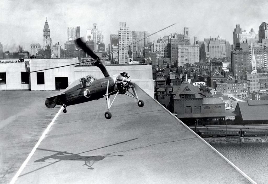 An autogyro takes off from a rooftop in Philadelphia. 1930.