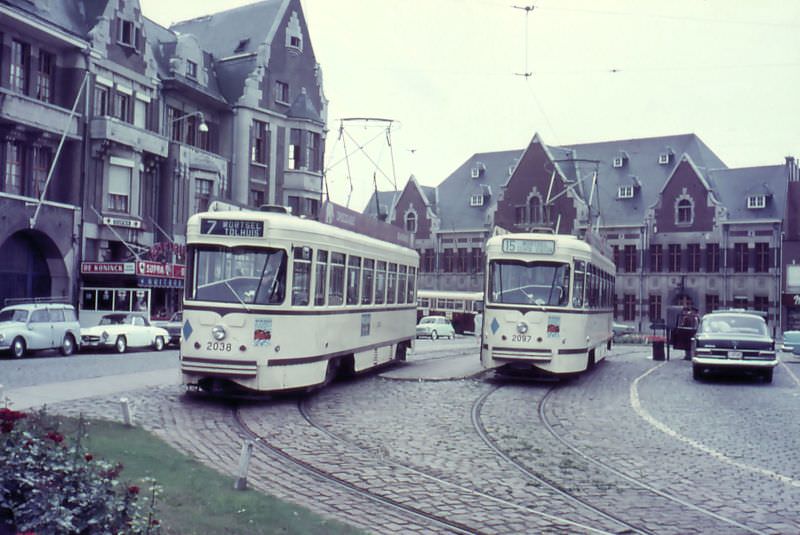 PCC cars 2038 on route Nº 7 and 2097 on route Nº 15 at the terminus Mortsel, Antwerp.
