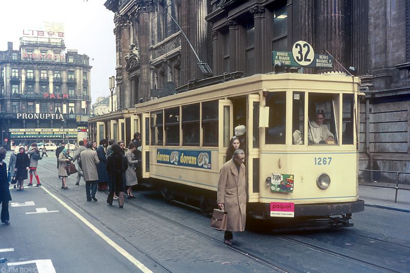 A standard tram set at the terminus in Rue Henri Maus, next to the Bourse (Exchange). Brussels, 1971