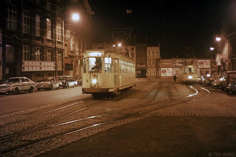 Tram terminus Charleroi Eden by night. Charleroi, circa 1975