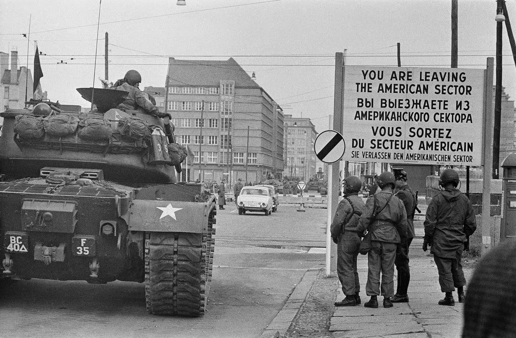 American tanks and troops at Checkpoint Charlie, February 1961.