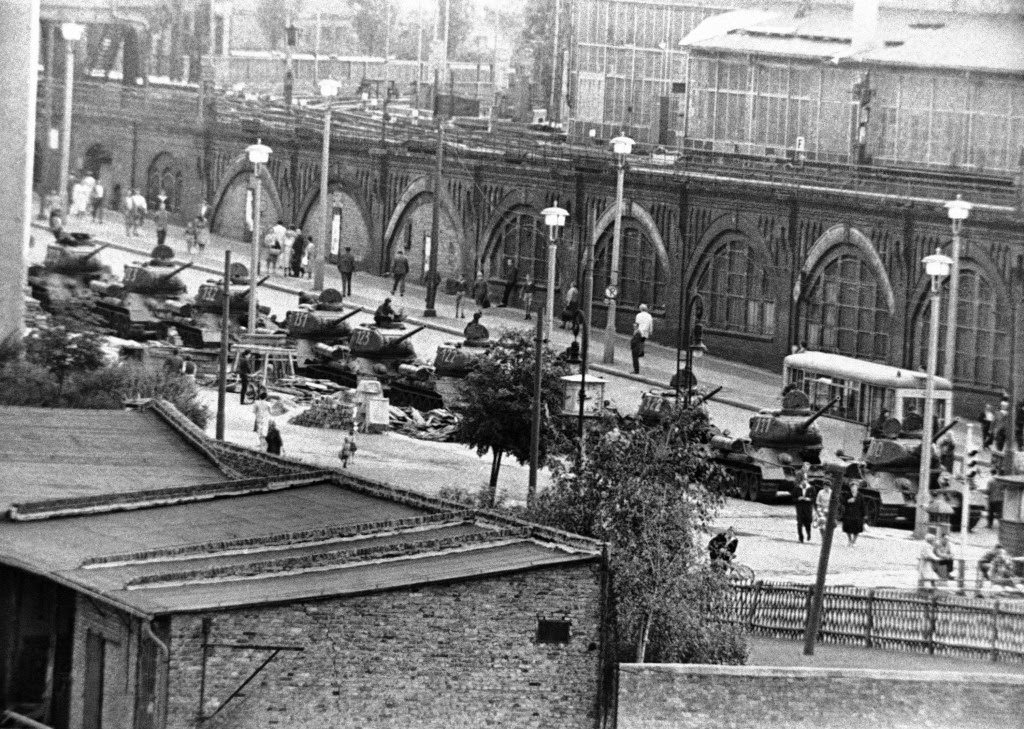 East German tanks are lined up at Warschauer Bridge in Berlin, Germany on August 13, 1961.