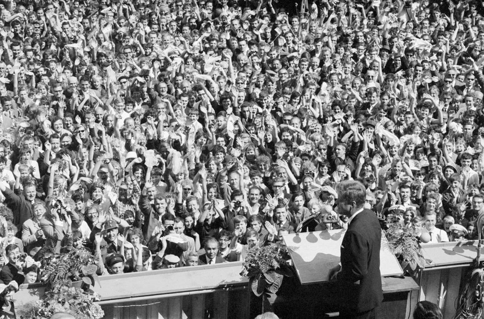 President John F. Kennedy stands before a huge crowd in West Berlin on June 26, 1963.