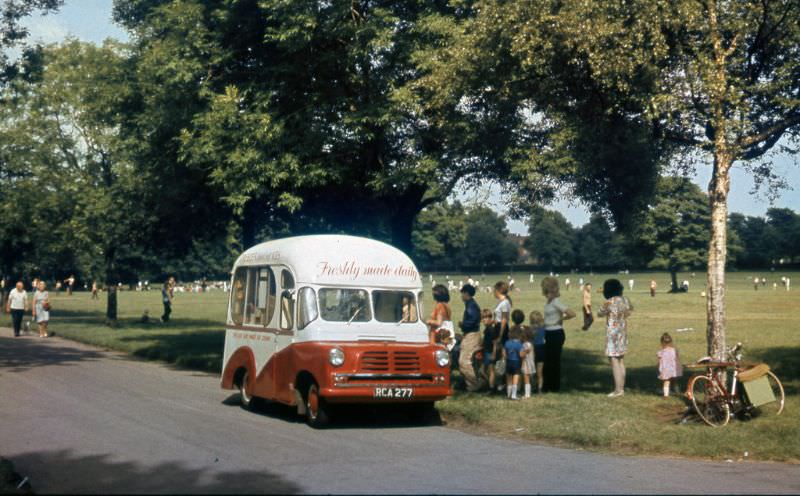 RCA 277, an early Bedford van conversion is serving customers on a hot day in Kings Norton Park, Birmingham