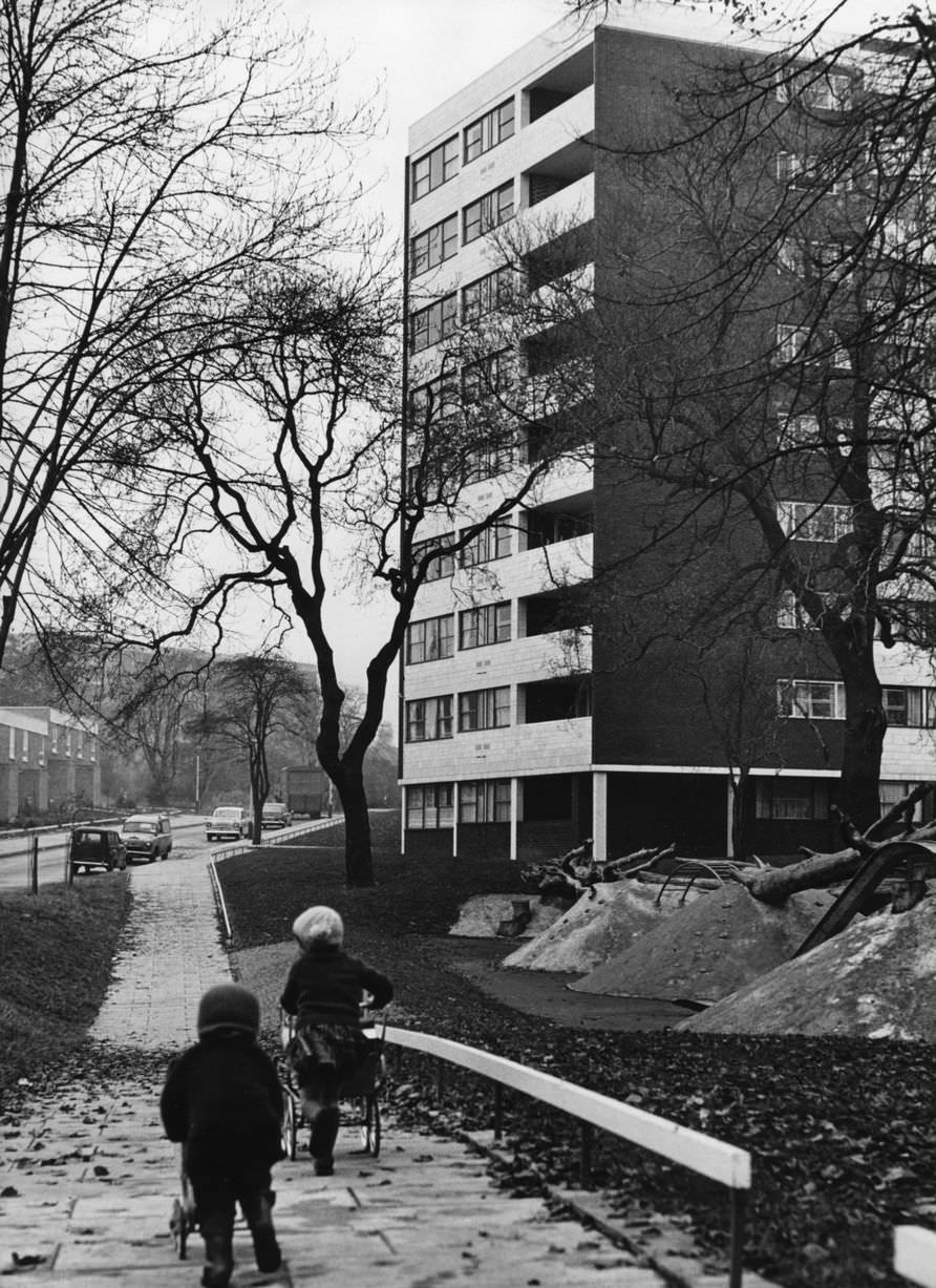 Tower blocks in Chamberlain Gardens, Ladywood, Birmingham, 2nd November 1964.