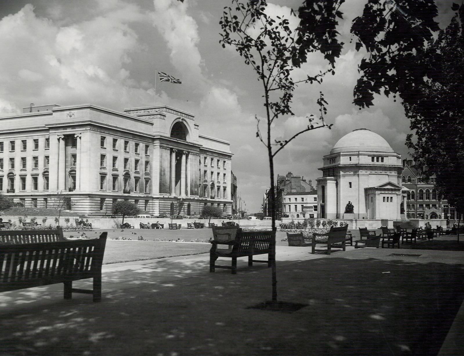 Union Jack flying over Baskerville House, overlooking the Hall of Memory in Birmingham City Centre, August 1961.