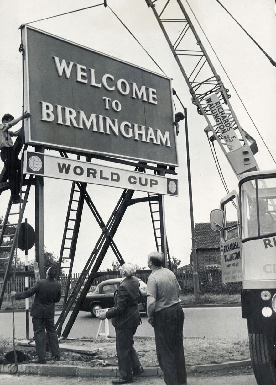This huge "Welcome to Birmingham" sign was erected on the dual carriageway at the city boundary near Birmingham Airport to greet World Cup fans to Birmingham in 1966.