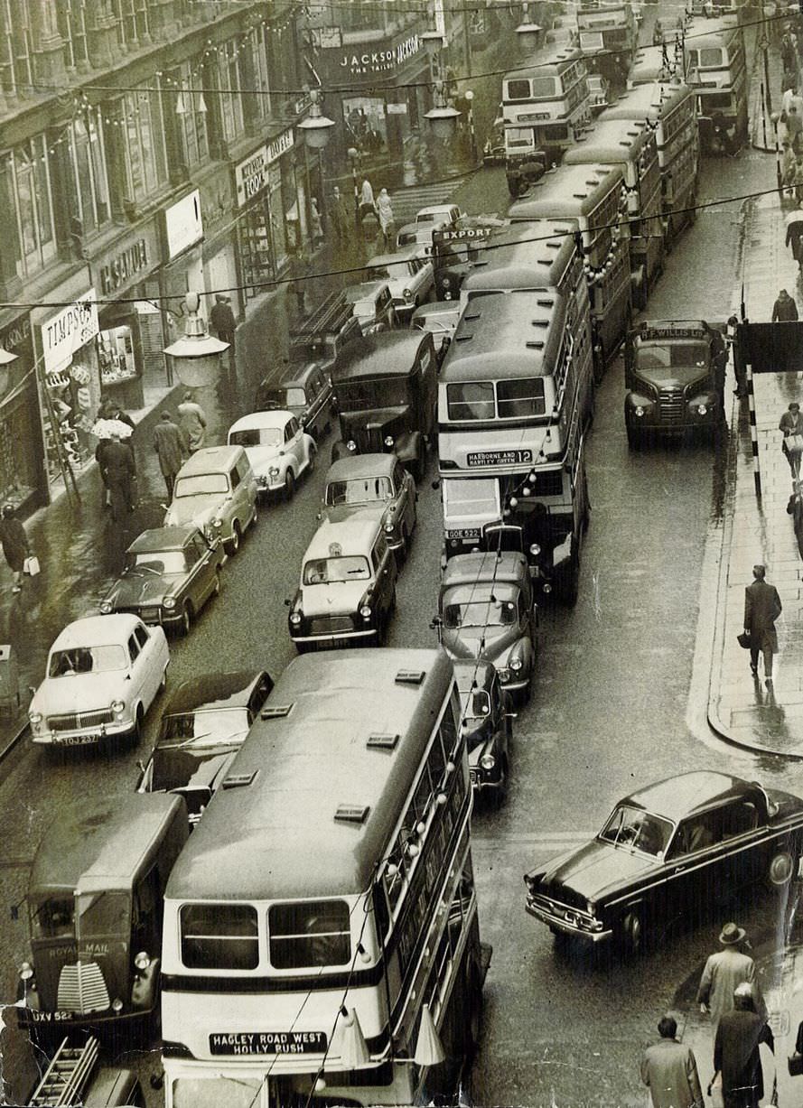 Traffic jam in New Street, Birmingham, November 1962.