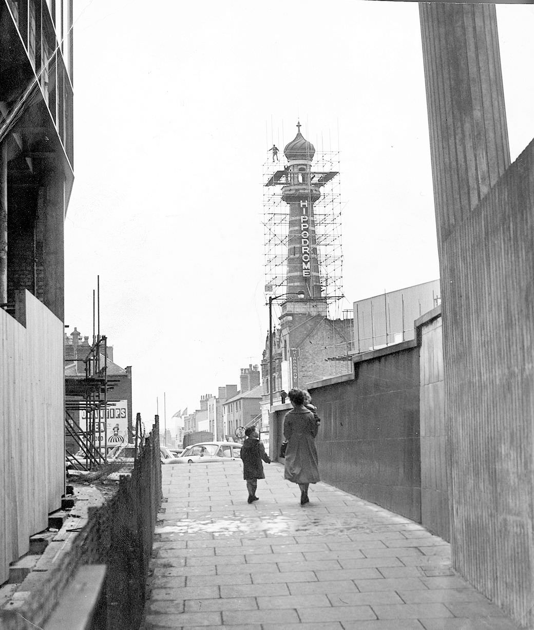 The Birmingham Hippodrome Tower in Scaffold, 1960.