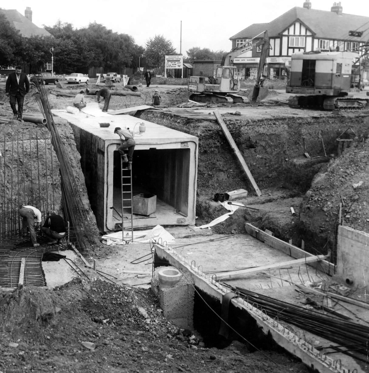 To get traffic moving on a new dual carriageway at Coventry Road, Yardley, sections of a pedestrian subway are being laid, 3rd October 1969.