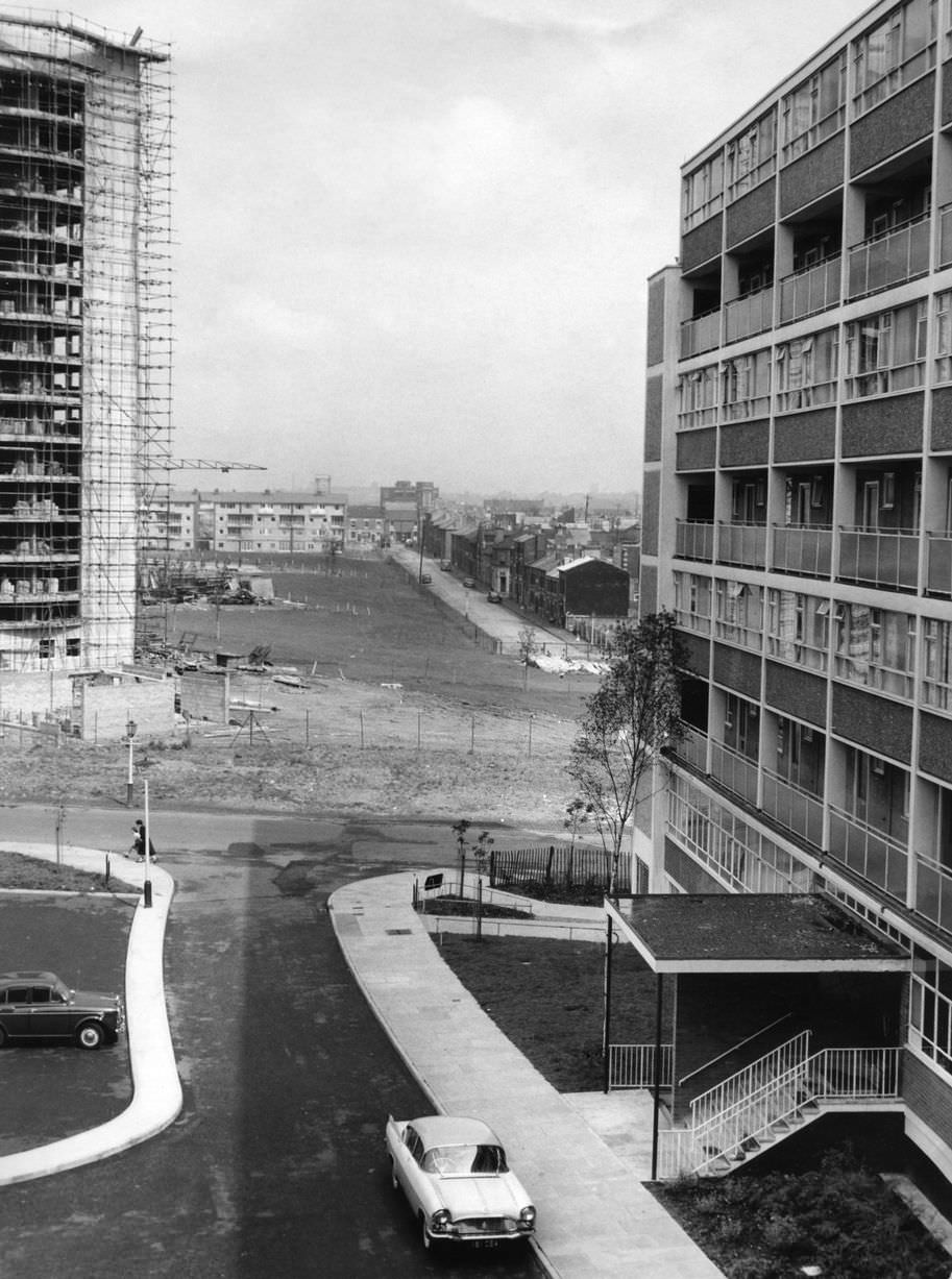 A view from the new Nechells Green Health Centre and lovely wide open spaces where once stood the back to back houses of Nechells, Birmingham, 8th September 1960.