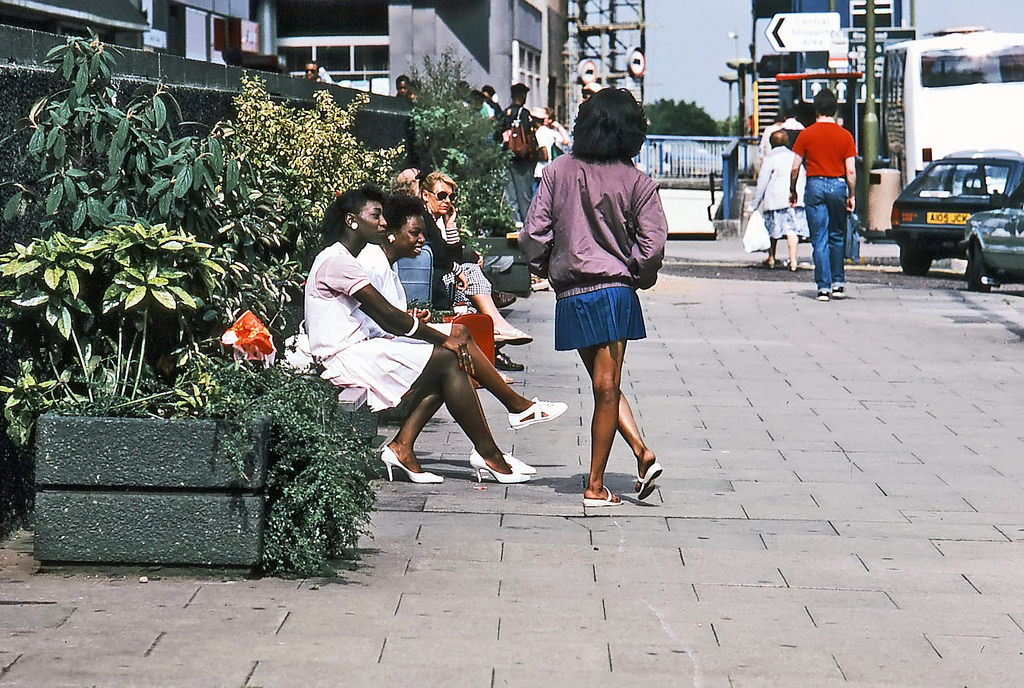 A summer Sunday afternoon on the bridge that spans the eastern end of New Street station, in front of the Rotunda, St. Martin’s Circus, 12th July 1987.